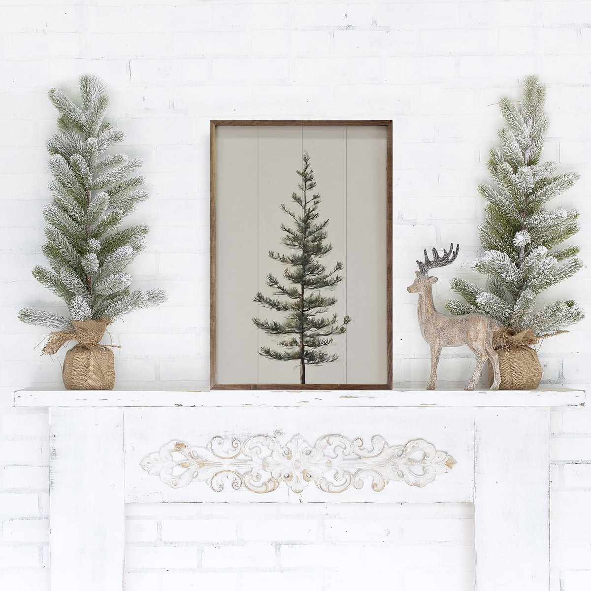 Single Pine Tree White Printed and Framed Wall Sign