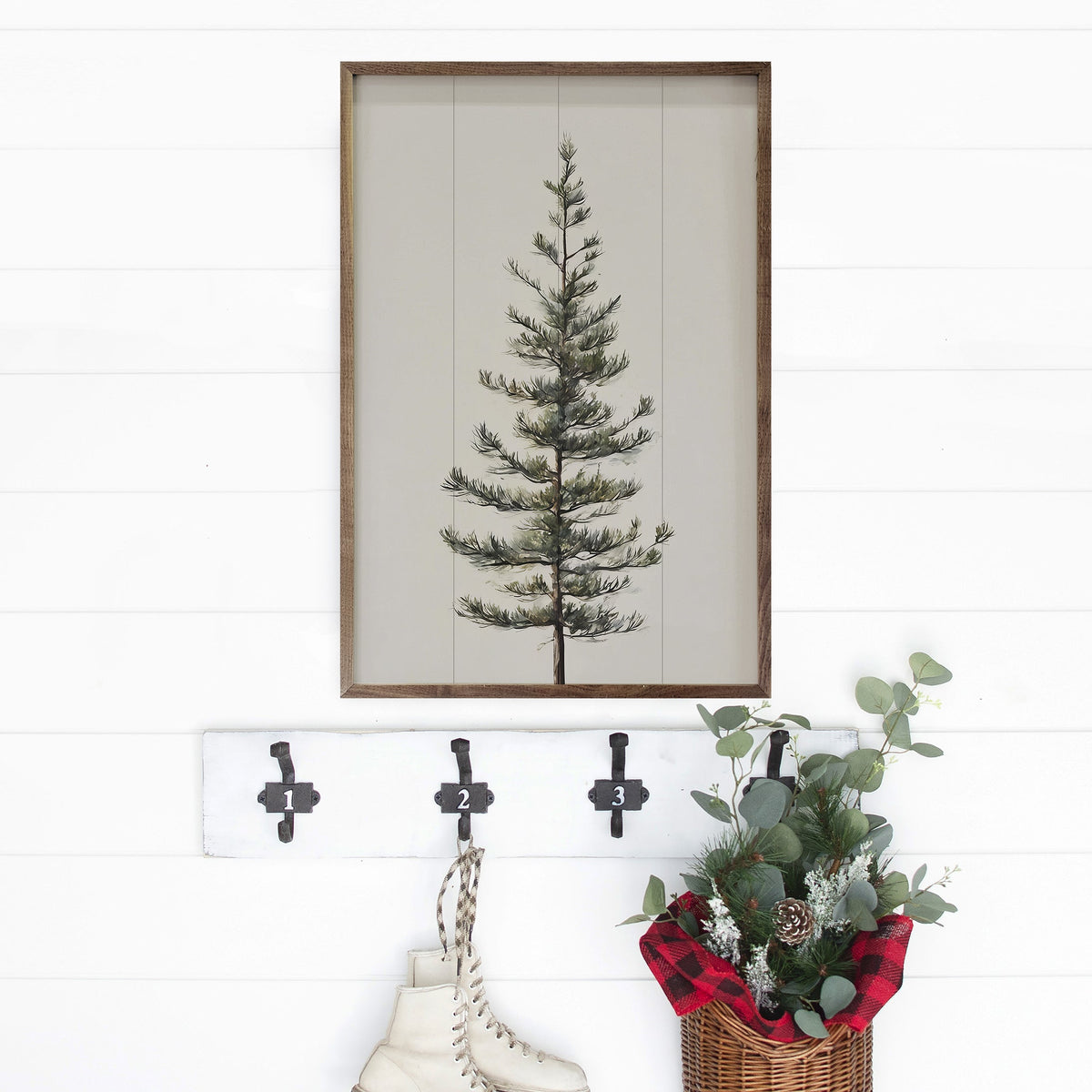 Single Pine Tree White Printed and Framed Wall Sign