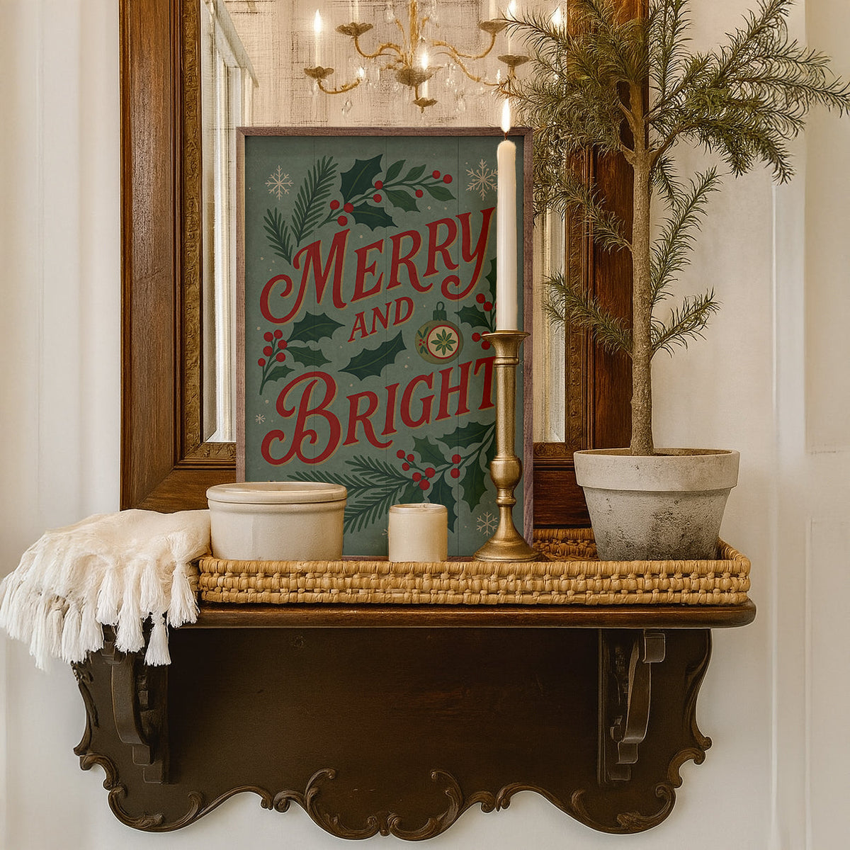 Vintage Merry And Bright Printed and Framed Wall Sign