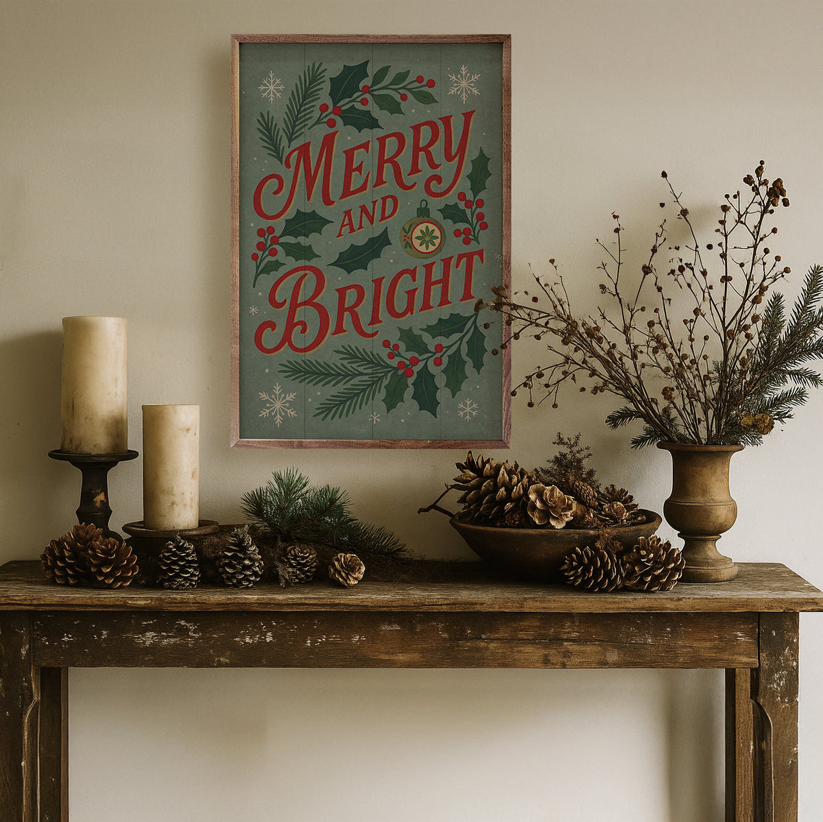 Vintage Merry And Bright Printed and Framed Wall Sign