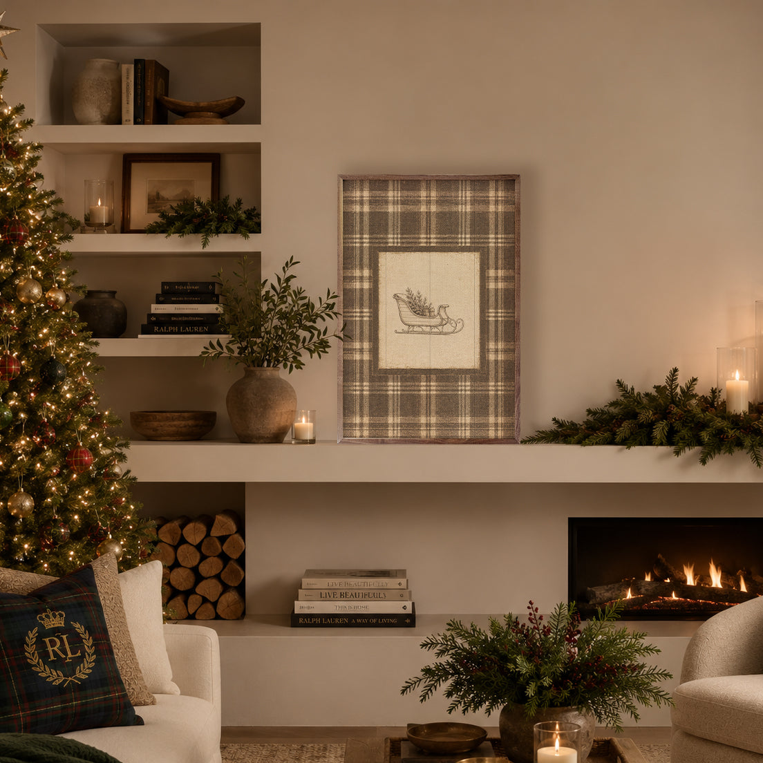 Woodland Sleigh Plaid Printed and Framed Wall Sign