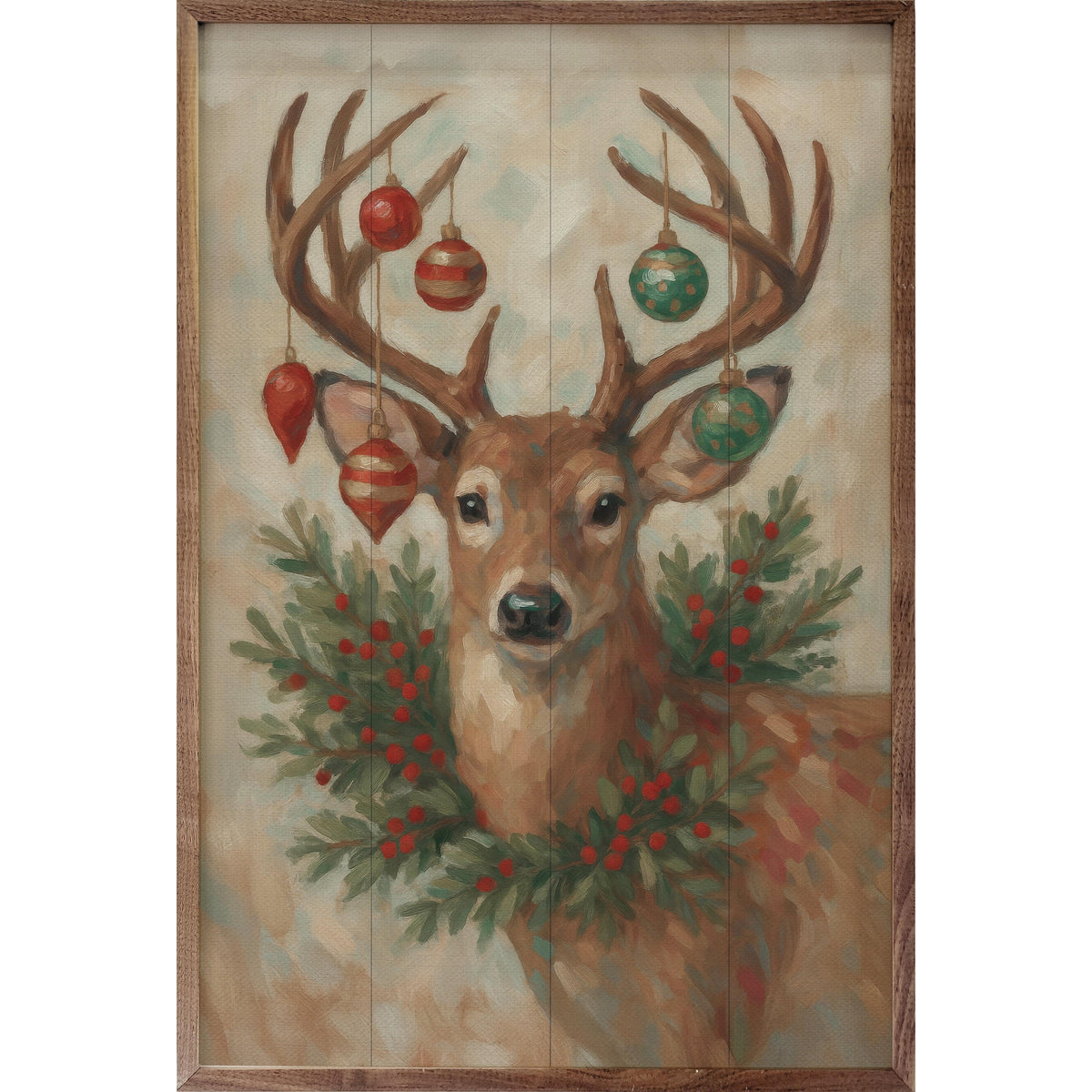 Christmas Whitetail Deer With Wreath Printed and Framed Wall Sign