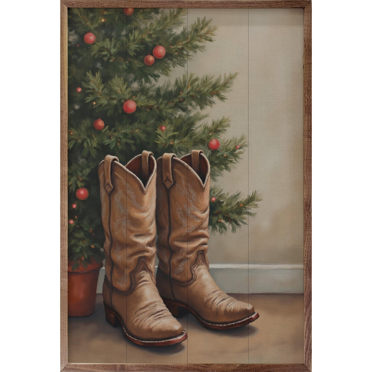 Cowboy Boots By Christmas Tree Printed and Framed Wall Sign