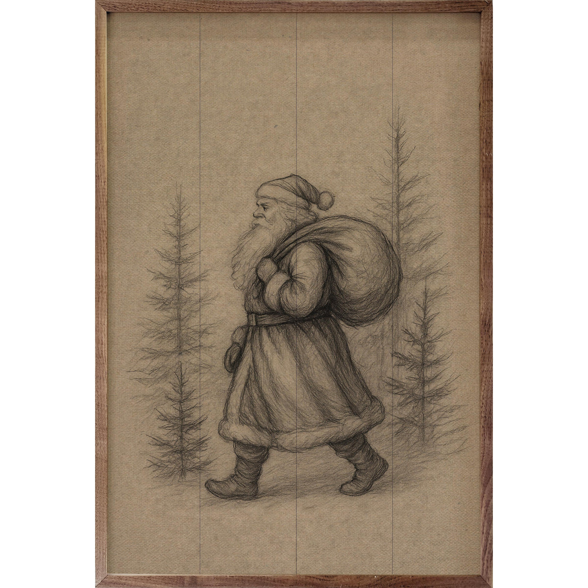 Saint Nick Walking Through Pines Printed and Framed Wall Sign