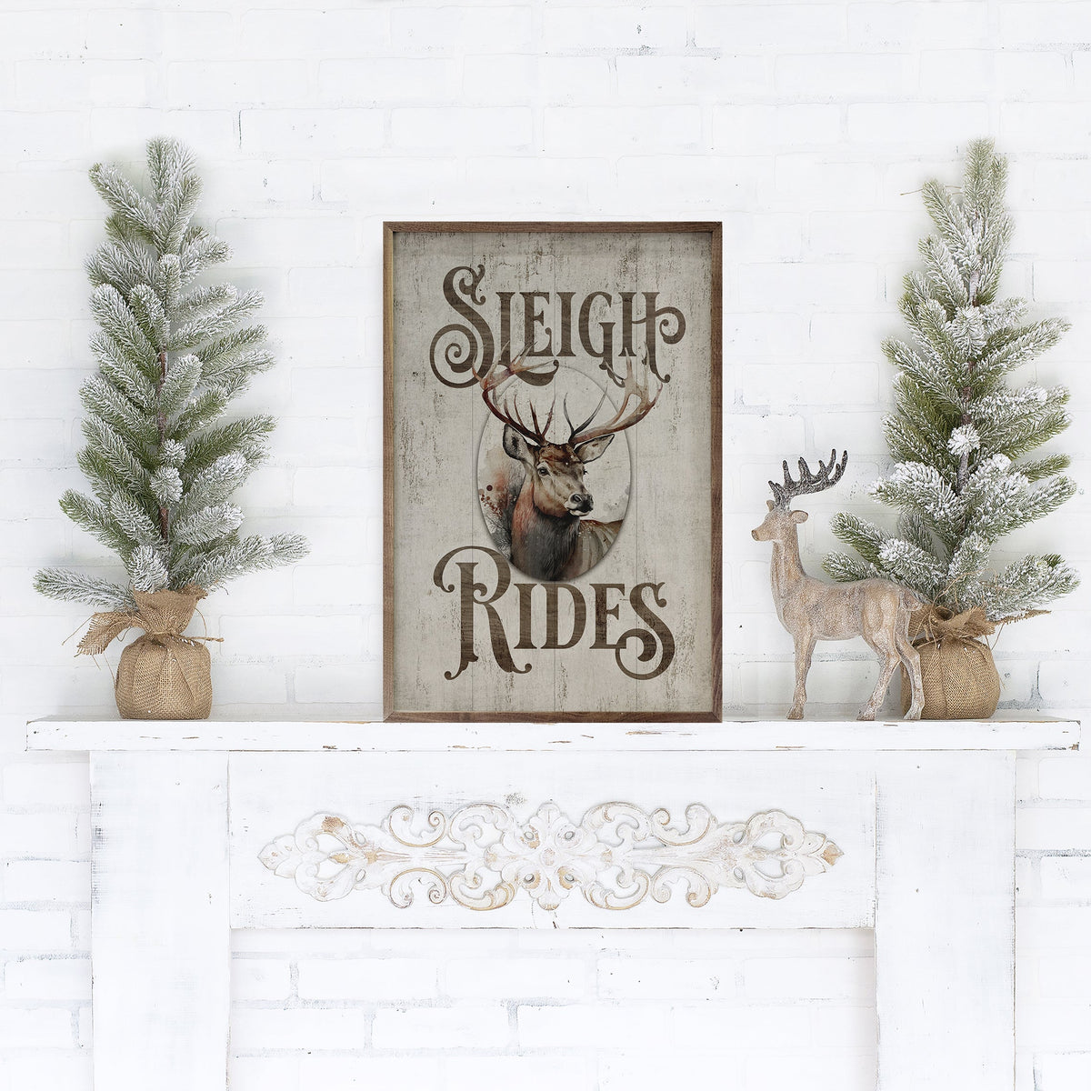 Sleigh Rides Reindeer Classic Whitewash Printed and Framed Wall Sign