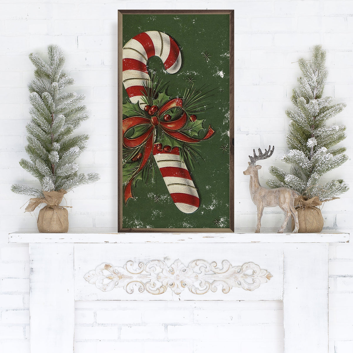 Candy Cane With Red Bow Green Printed and Framed Wall Sign