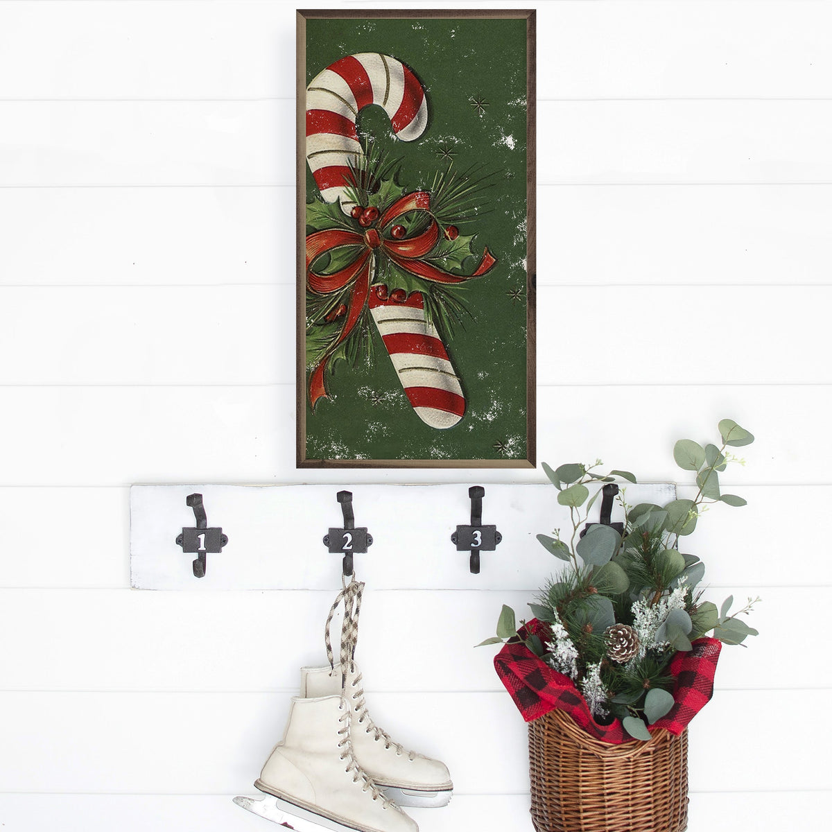 Candy Cane With Red Bow Green Printed and Framed Wall Sign
