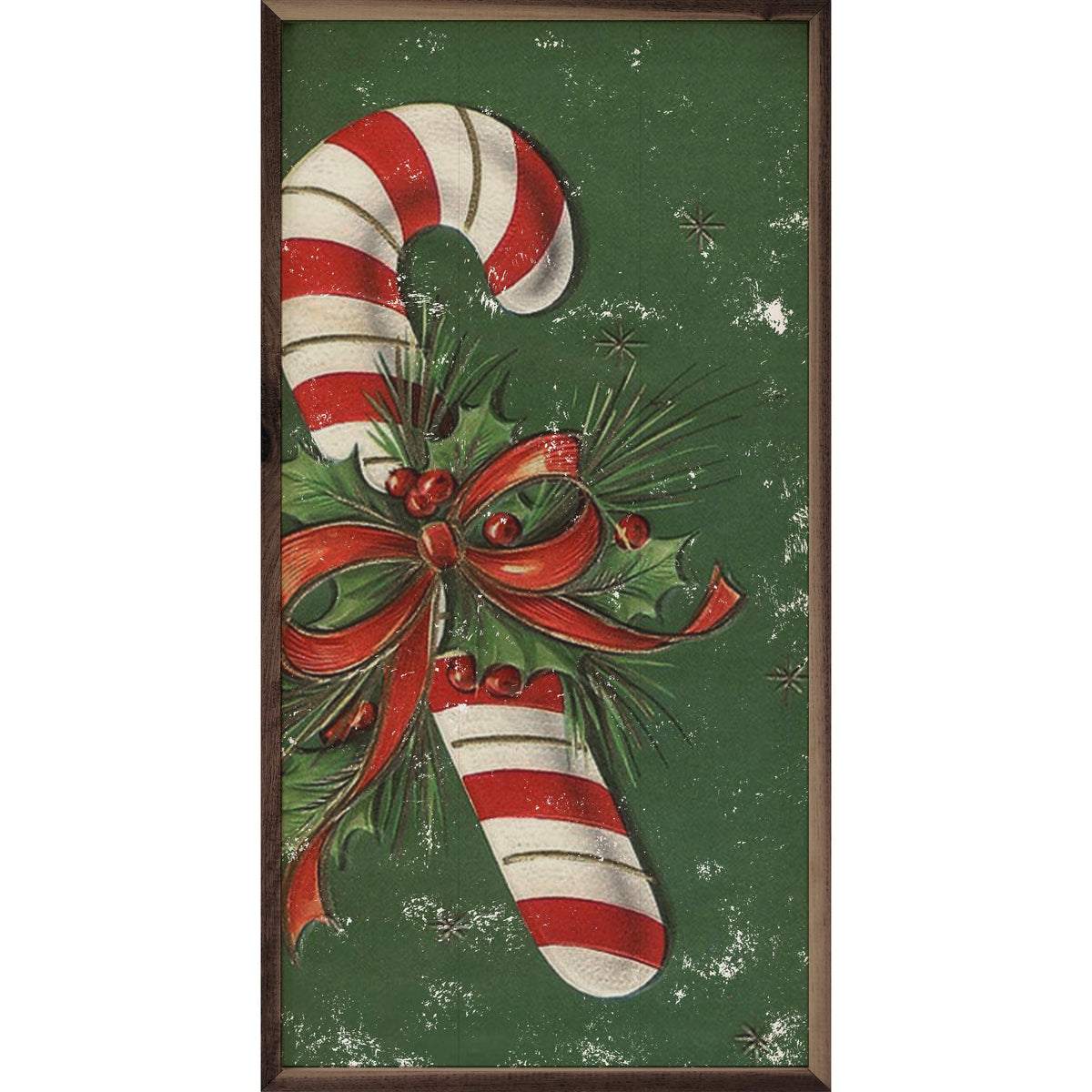Candy Cane With Red Bow Green Printed and Framed Wall Sign