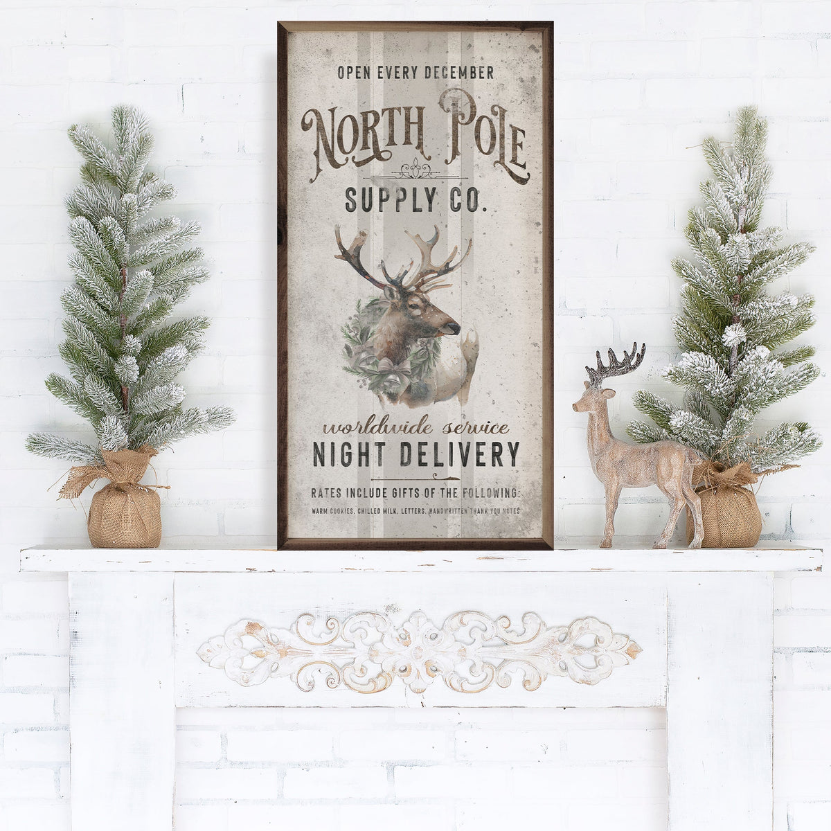 North Pole Supply Co Reindeer White Printed and Framed Wall Sign