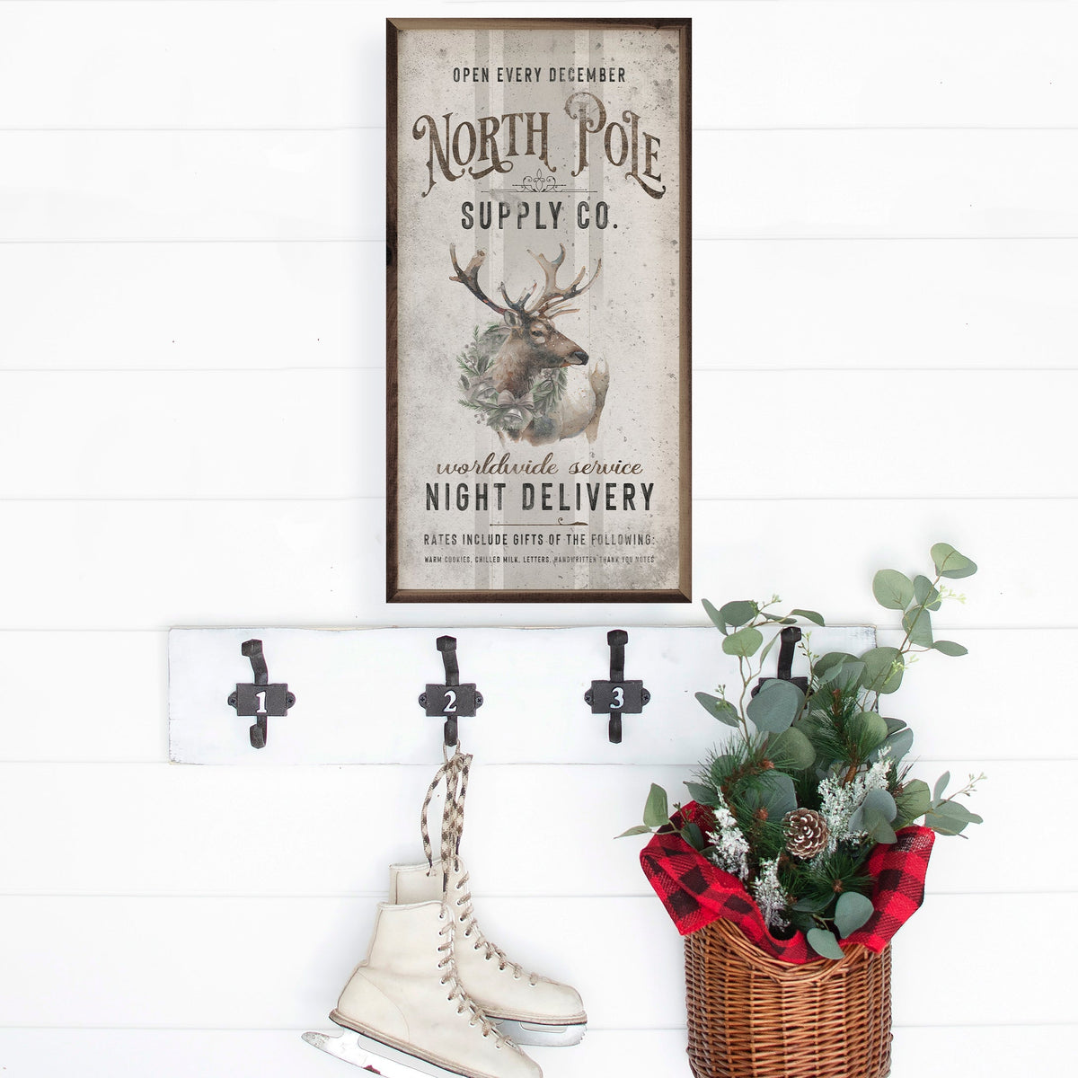 North Pole Supply Co Reindeer White Printed and Framed Wall Sign