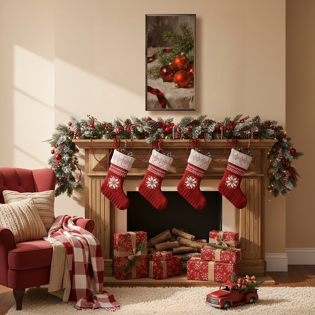 Ornaments Red With Red Ribbon Printed and Framed Wall Sign