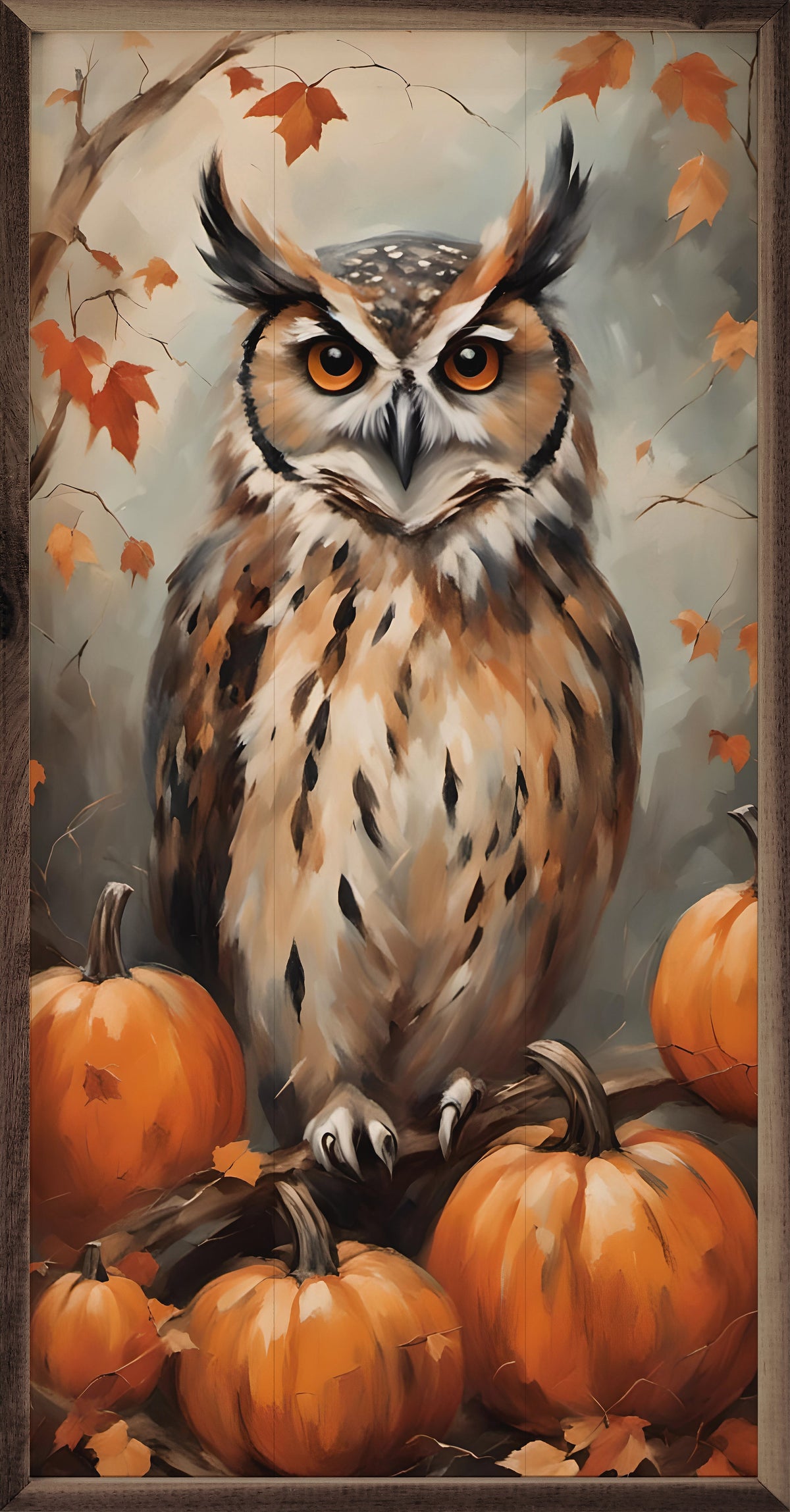Owl With Pumpkins Printed and Framed Wall Sign