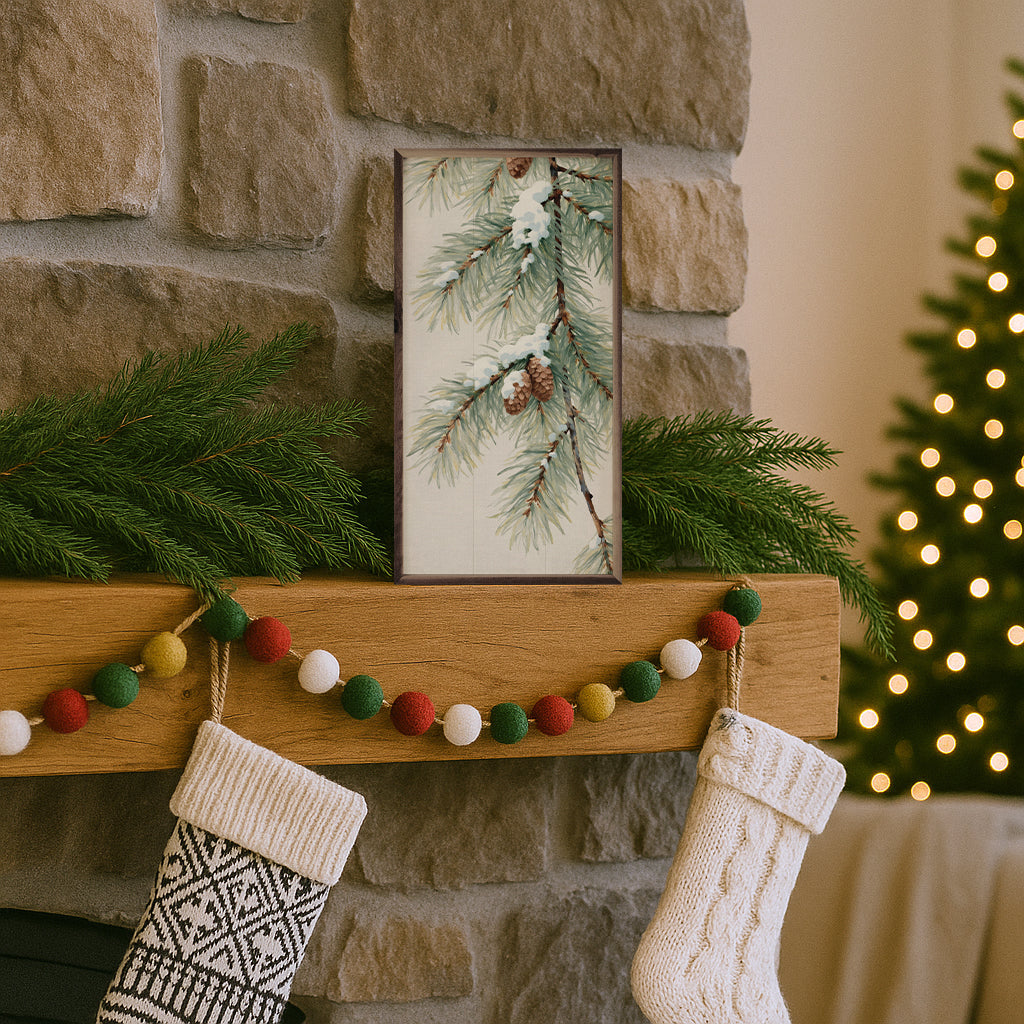 Pine Branch With Snow Vertical Printed and Framed Wall Sign