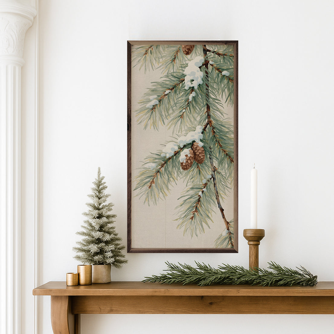 Pine Branch With Snow Vertical Printed and Framed Wall Sign