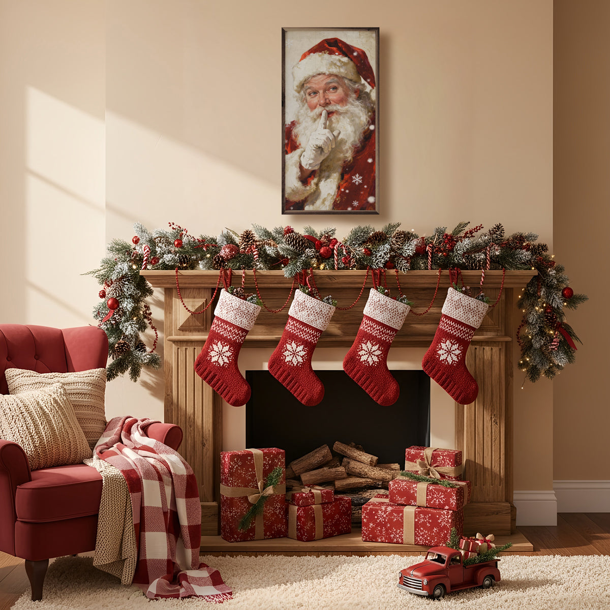 Santa Shh With Snowflakes Printed and Framed Wall Sign