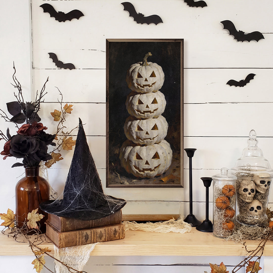 White Jack O Lantern Stack Printed and Framed Wall Sign