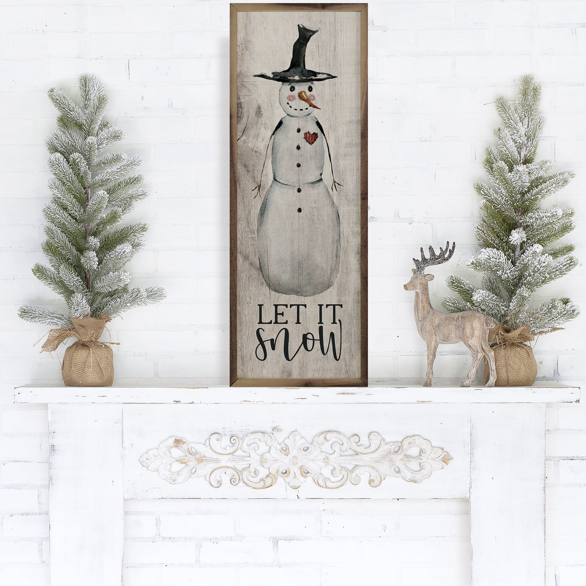 Let It Snow Snowman Whitewash Printed and Framed Wall Sign