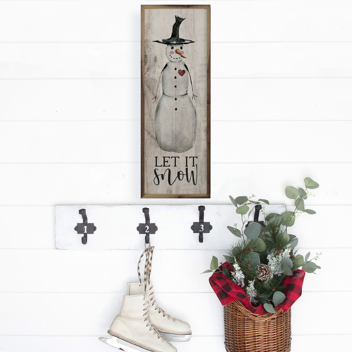 Let It Snow Snowman Whitewash Printed and Framed Wall Sign