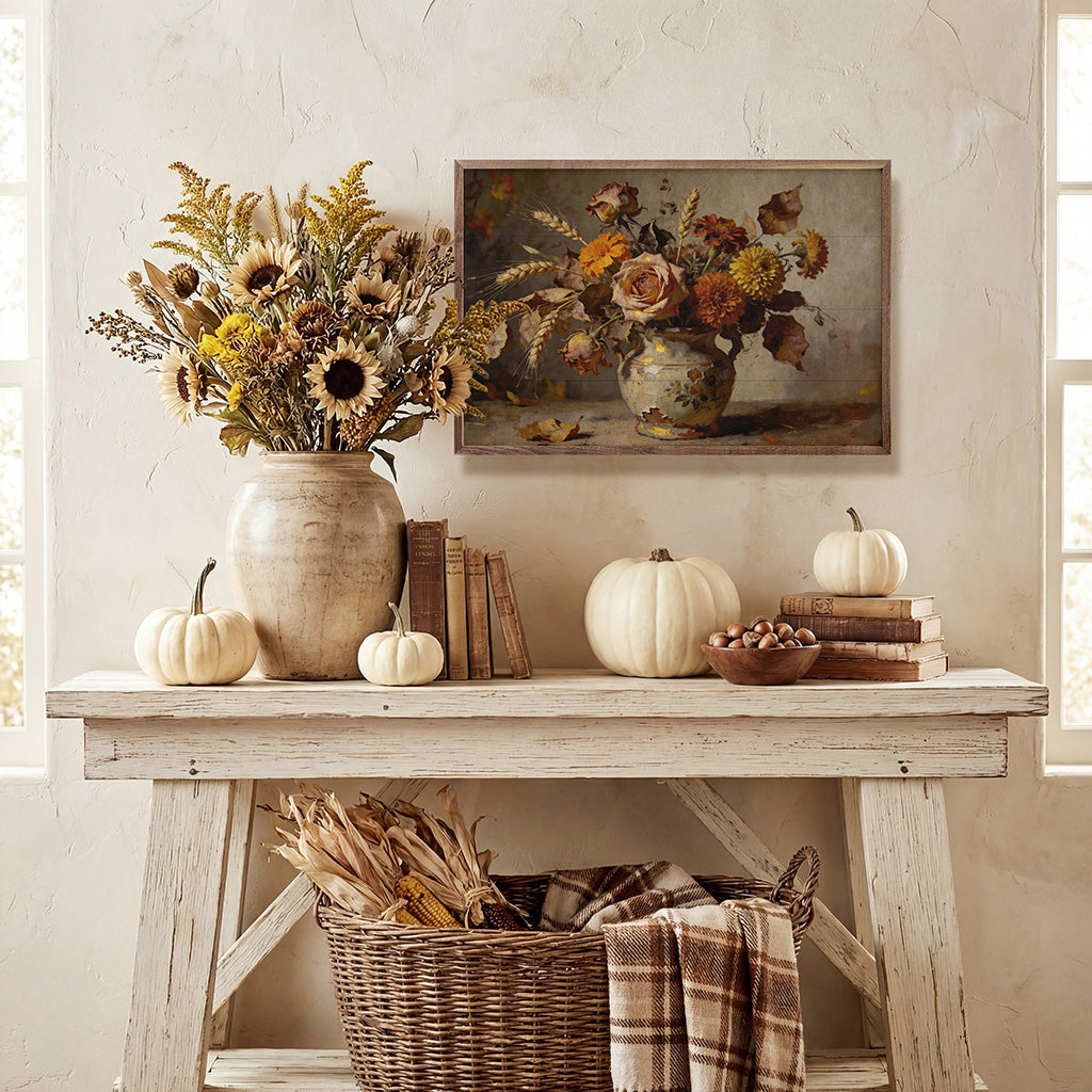 Autumn Rose And Wildflower Arrangement Printed and Framed Wall Sign