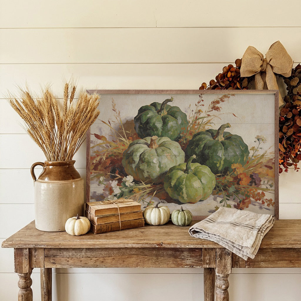 Deep Green Harvest Pumpkin Arrangement Printed and Framed Wall Sign