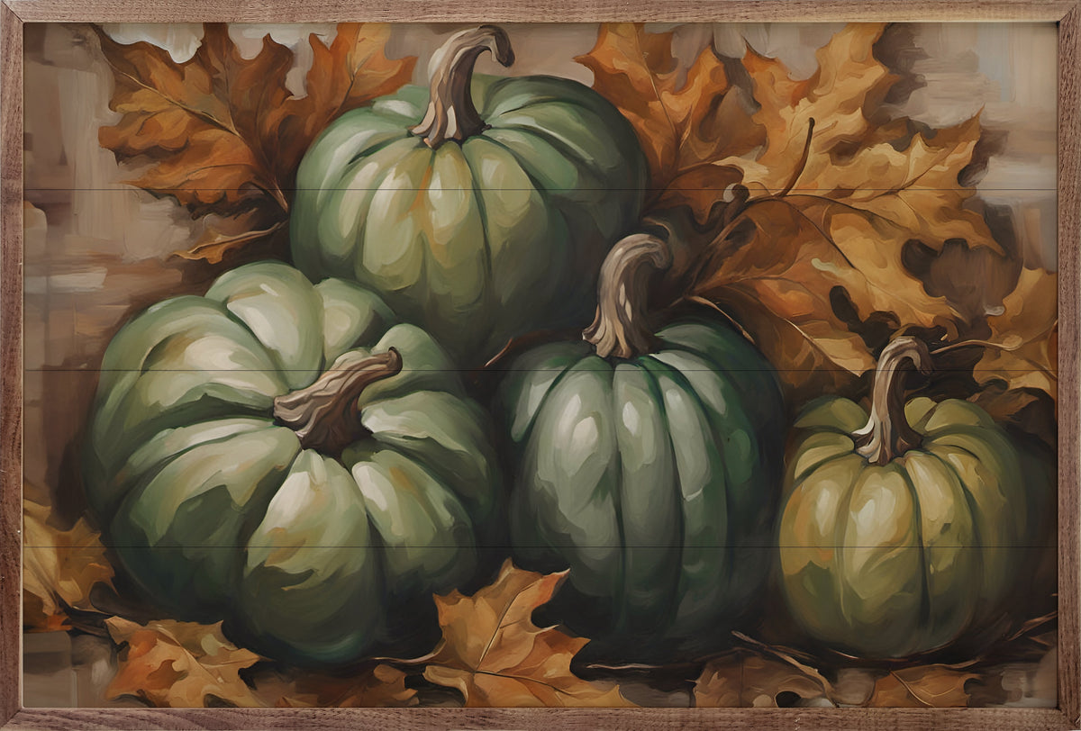Four Green Pumpkins In Leaves Printed and Framed Wall Sign