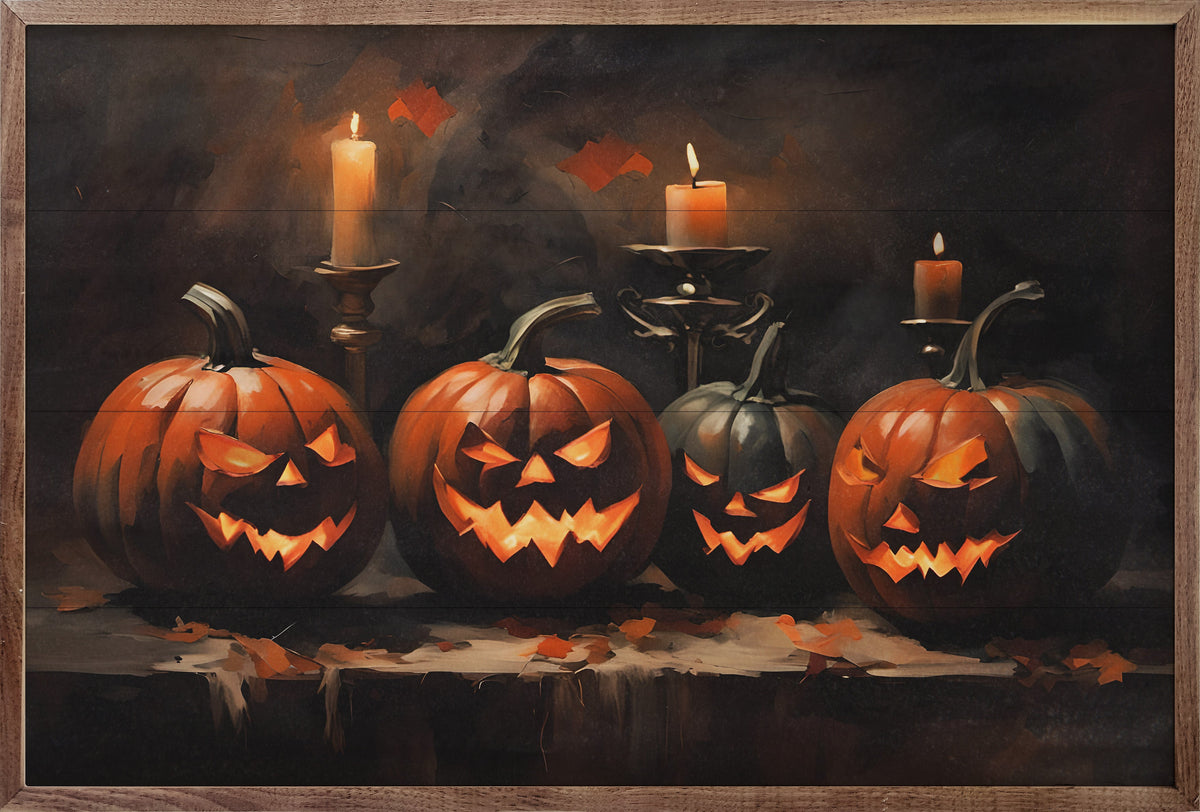 Four Halloween Jack O Lanterns Printed and Framed Wall Sign