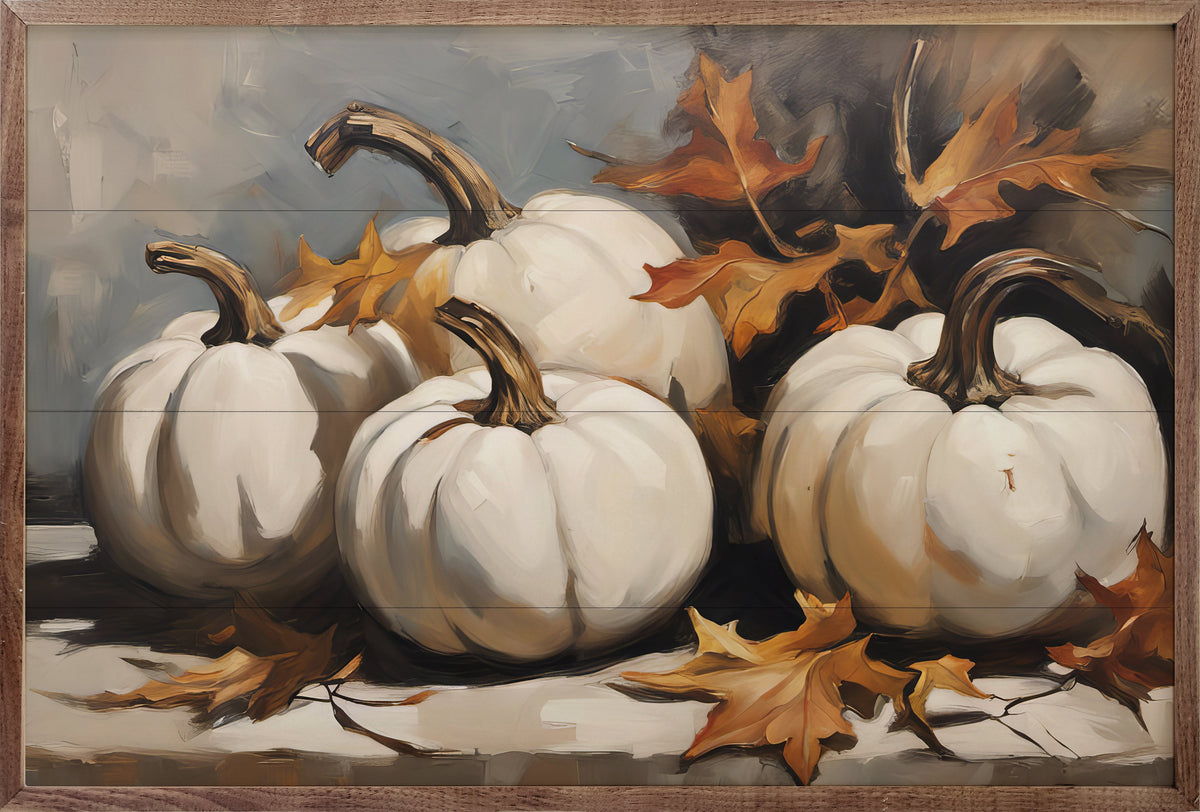 Four White Pumpkins With Leaves Printed and Framed Wall Sign