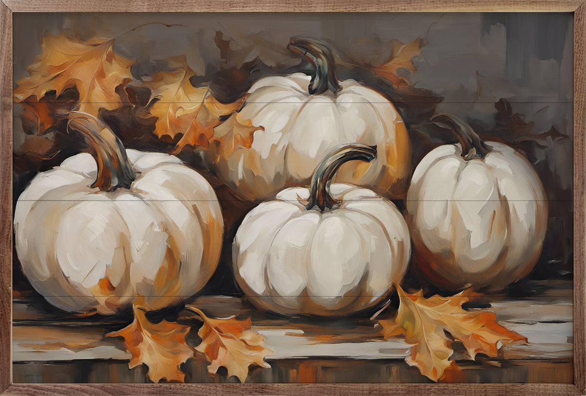 Four White Pumpkins With Leaves Black Printed and Framed Wall Sign