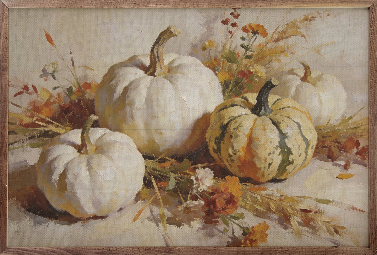 Green And White Autumn Pumpkin Still Life Printed and Framed Wall Sign