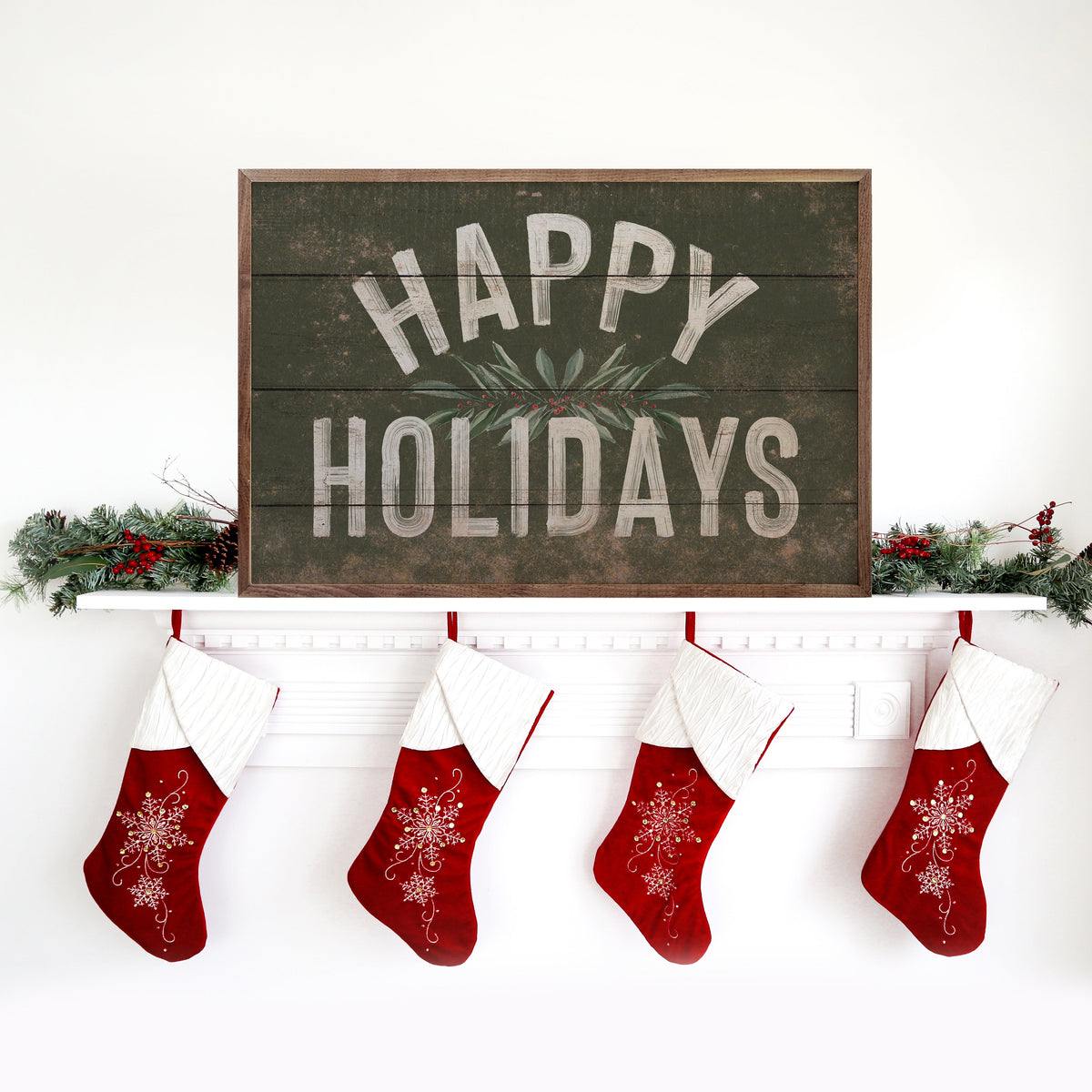 Happy Holidays Greenery Green Printed and Framed Wall Sign