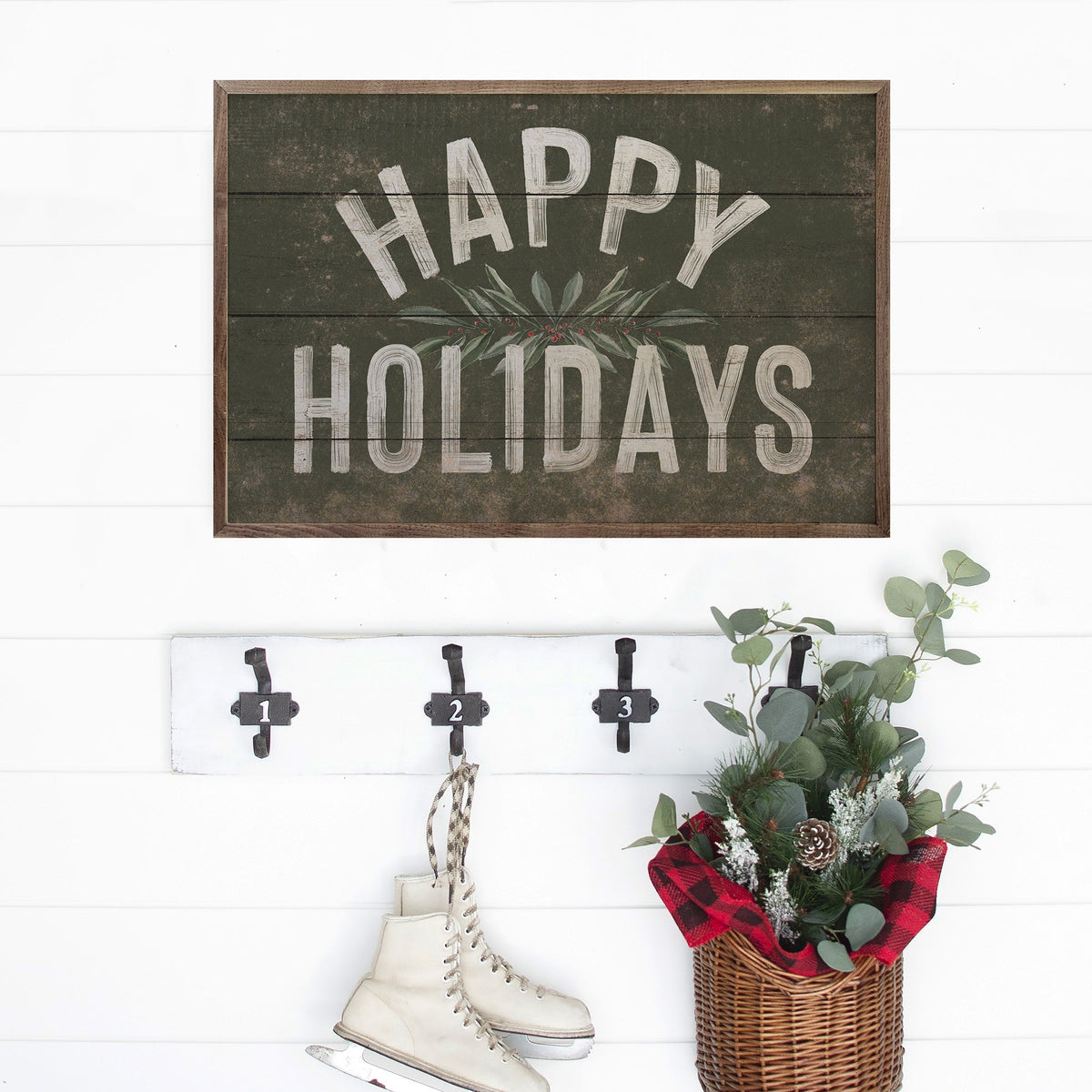 Happy Holidays Greenery Green Printed and Framed Wall Sign