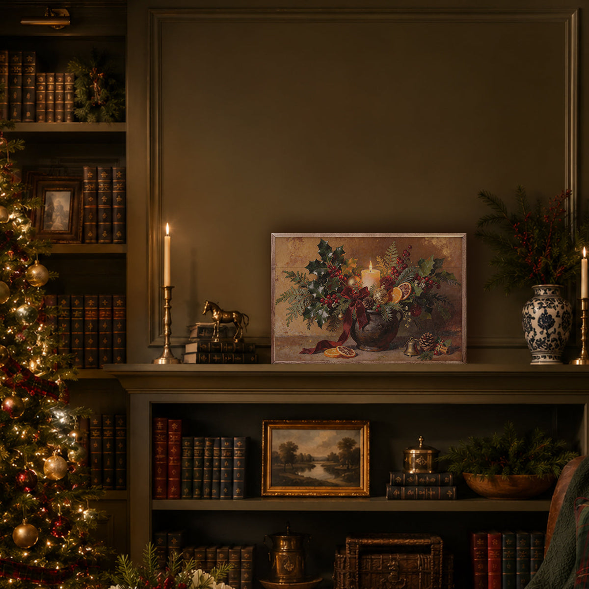 Holiday Hearth Arrangement Printed and Framed Wall Sign