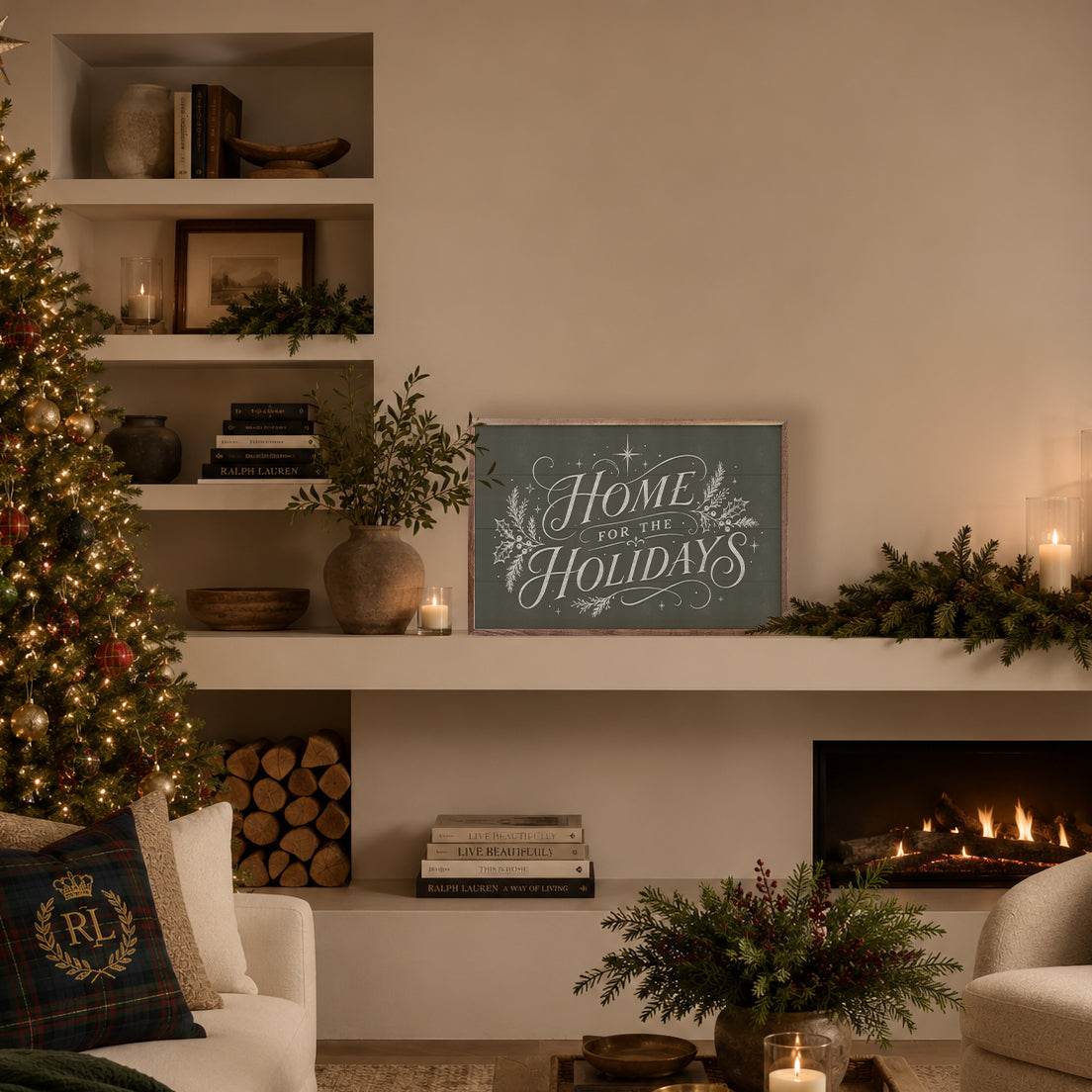 Home For The Holidays Typography Printed and Framed Wall Sign