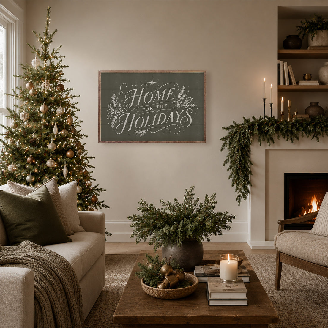 Home For The Holidays Typography Printed and Framed Wall Sign