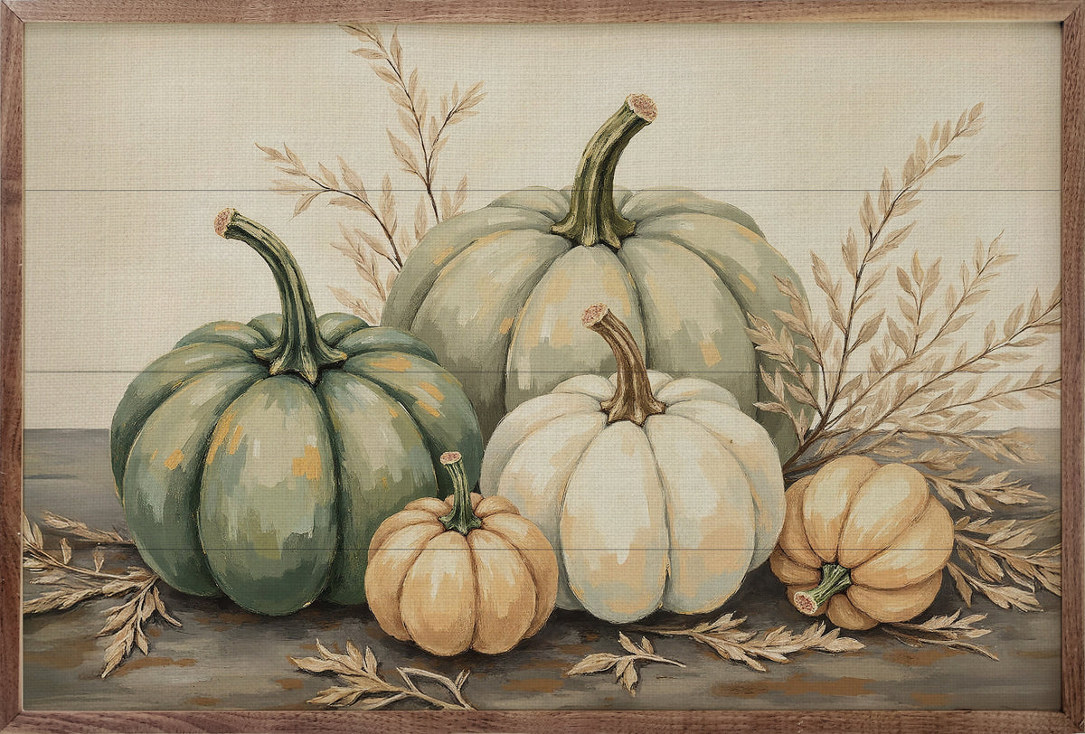 Pumpkins With Dried Leaves Printed and Framed Wall Sign