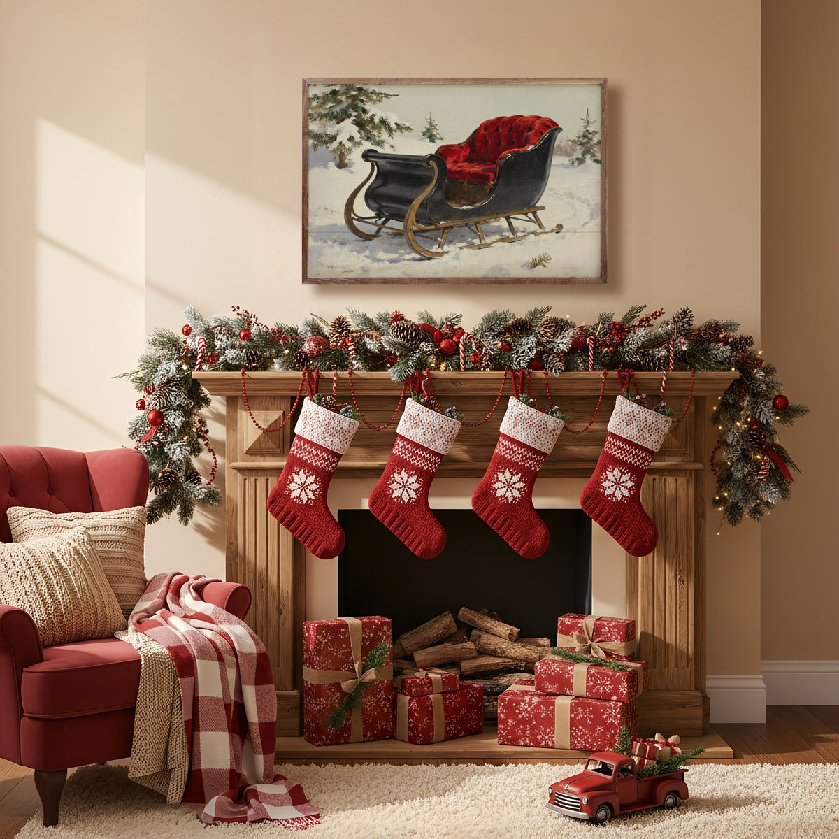 Red Velvet Sleigh Printed and Framed Wall Sign