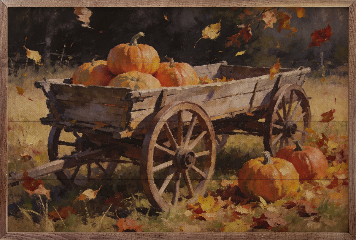 Rustic Harvest Wagon With Pumpkins Printed and Framed Wall Sign
