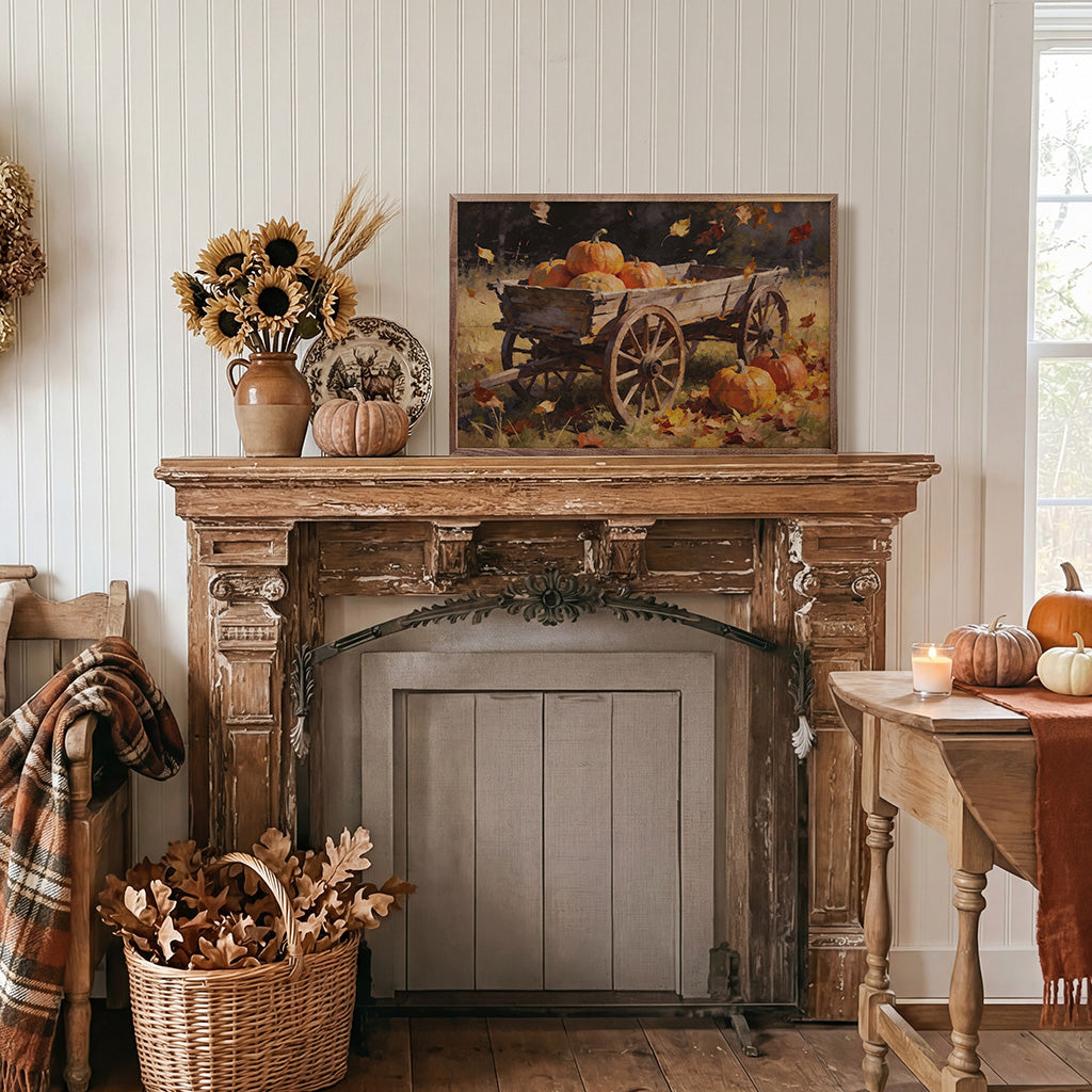 Rustic Harvest Wagon With Pumpkins Printed and Framed Wall Sign