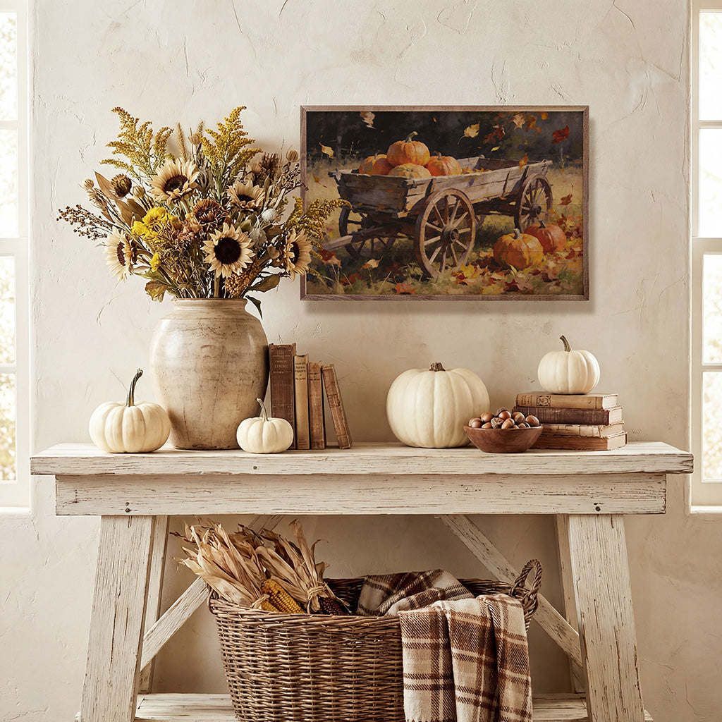 Rustic Harvest Wagon With Pumpkins Printed and Framed Wall Sign