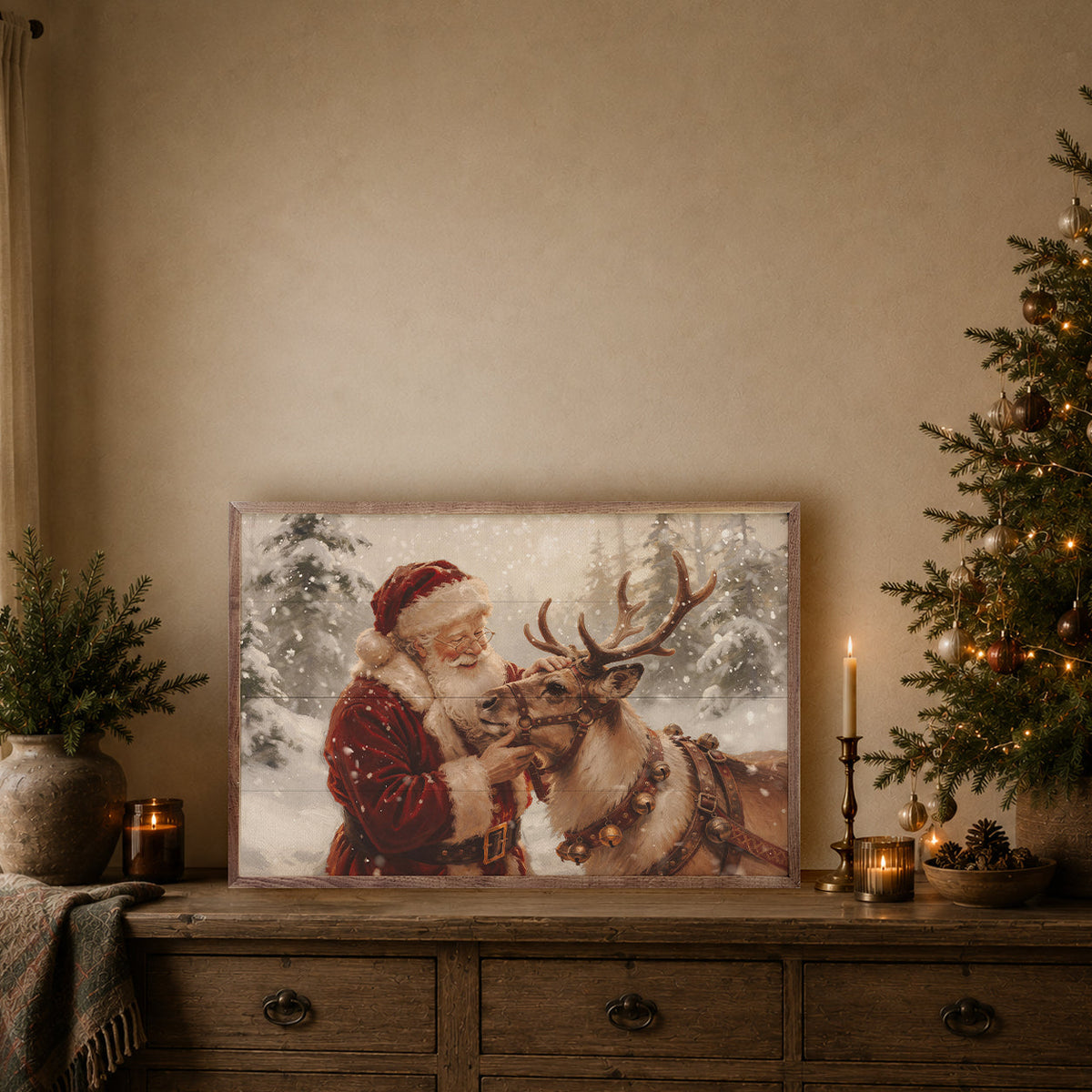 Santa And His Reindeer Printed and Framed Wall Sign