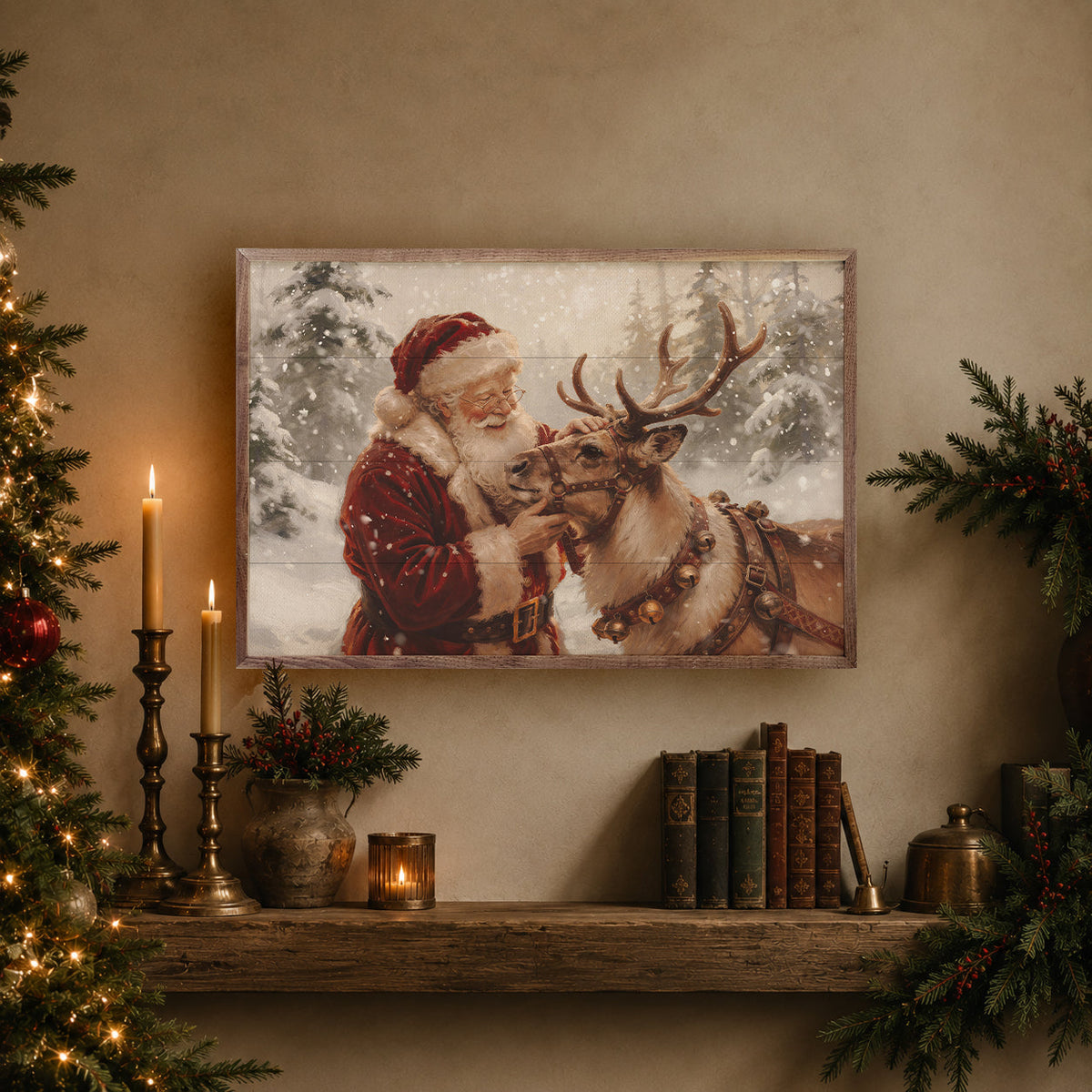 Santa And His Reindeer Printed and Framed Wall Sign