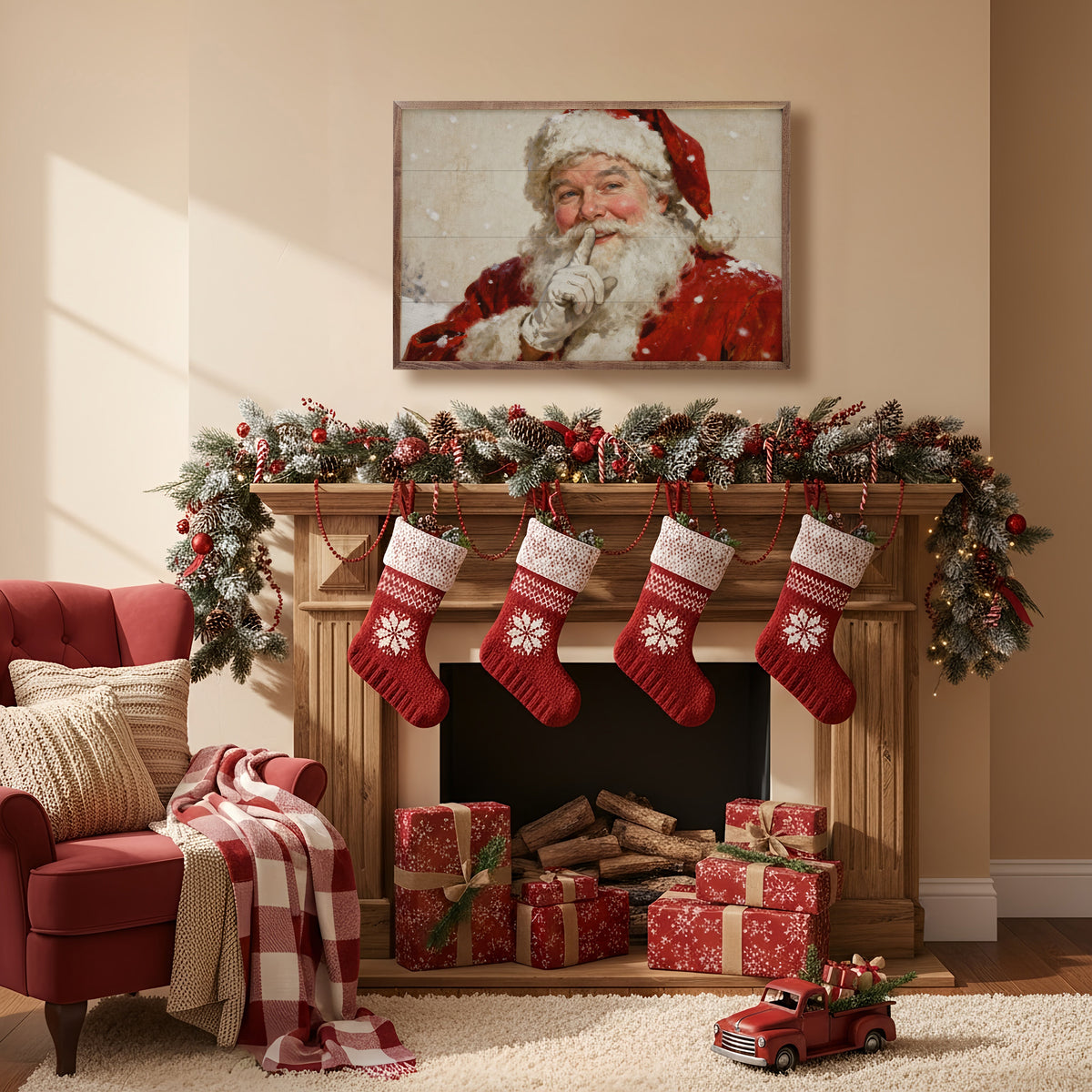 Santa Portrait With Snow Printed and Framed Wall Sign