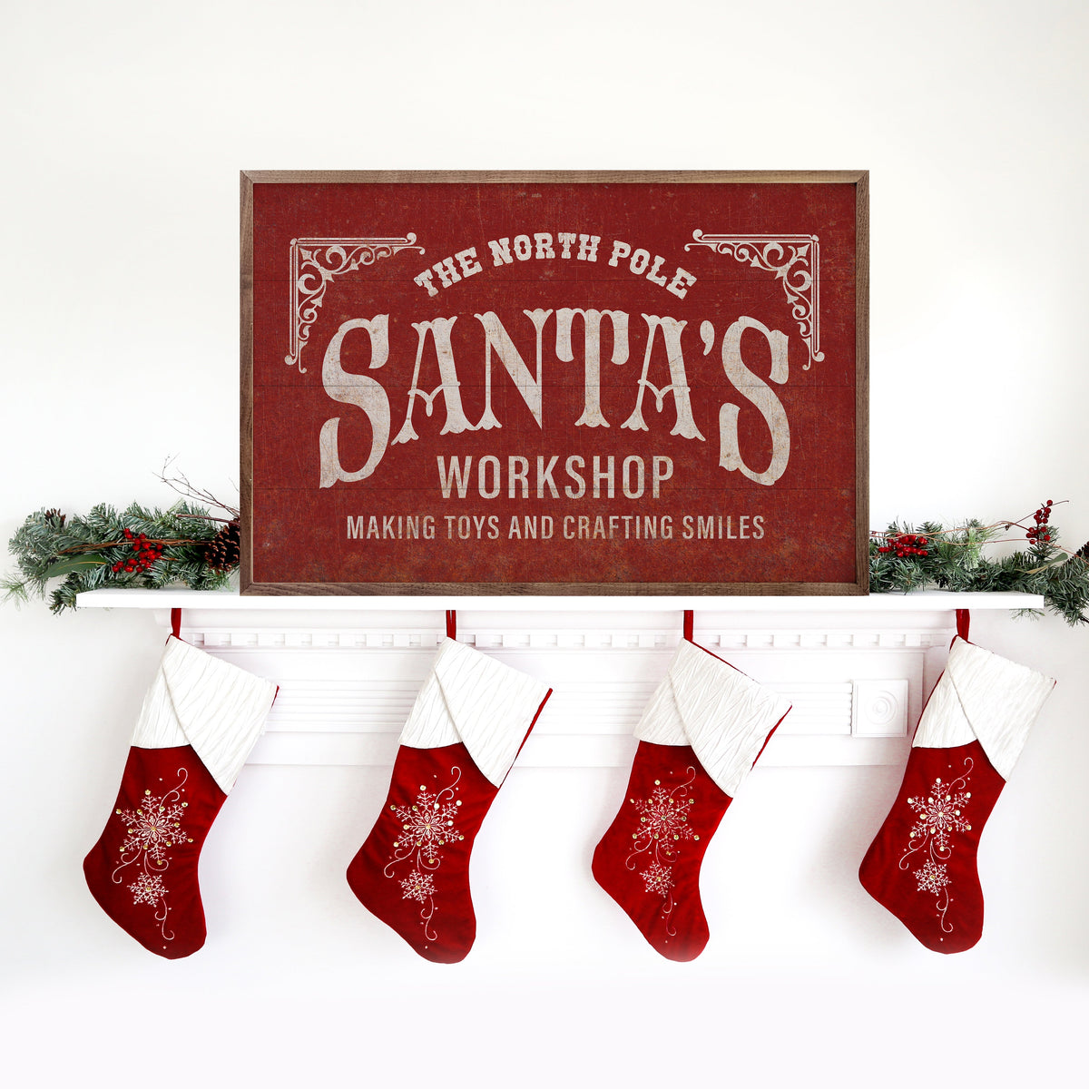 Santa's Workshop Making Toys Red Printed and Framed Wall Sign