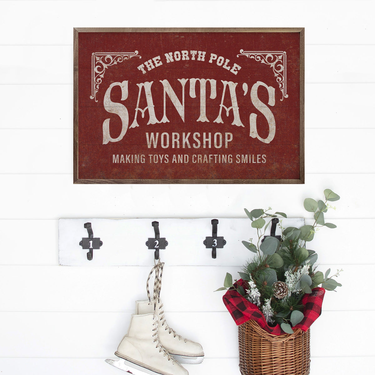 Santa's Workshop Making Toys Red Printed and Framed Wall Sign
