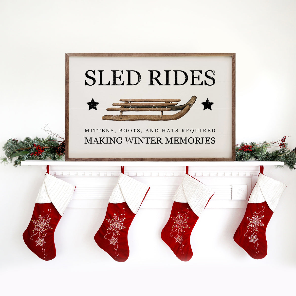 Sled Rides Making Winter Memories White Printed and Framed Wall Sign