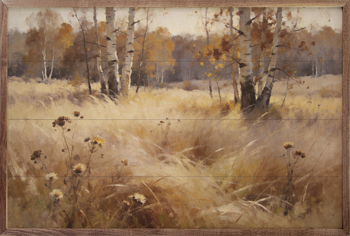 Soft Prairie Grasses Birch Trees Printed and Framed Wall Sign