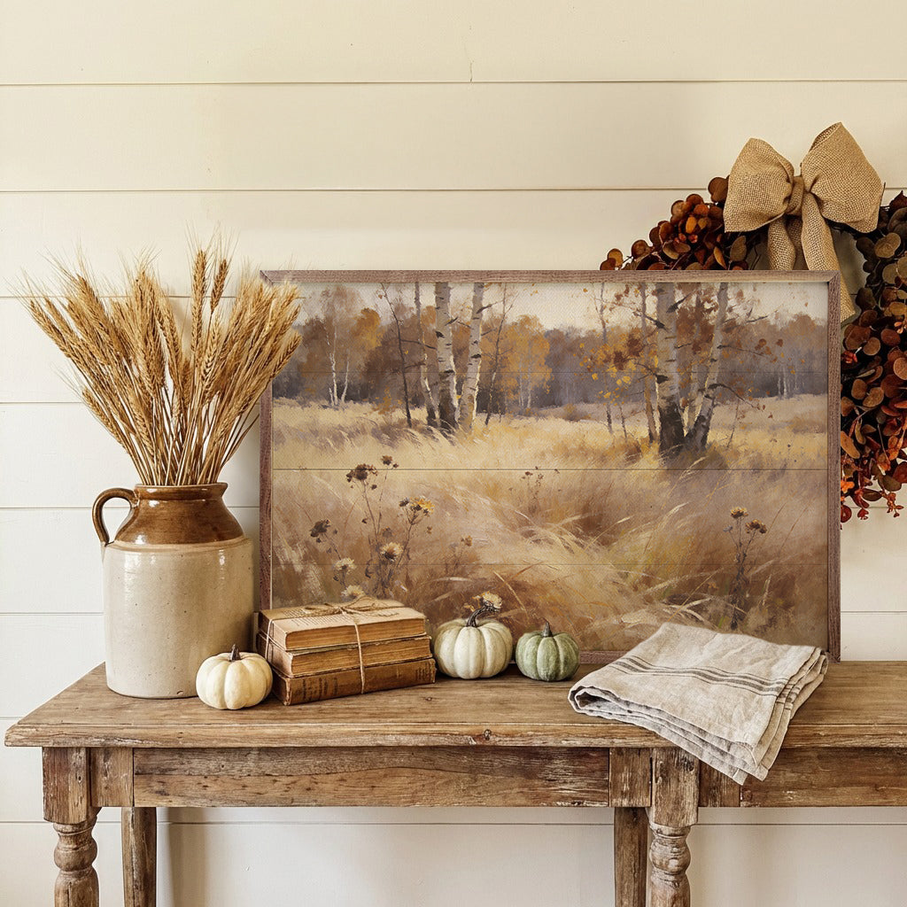 Soft Prairie Grasses Birch Trees Printed and Framed Wall Sign