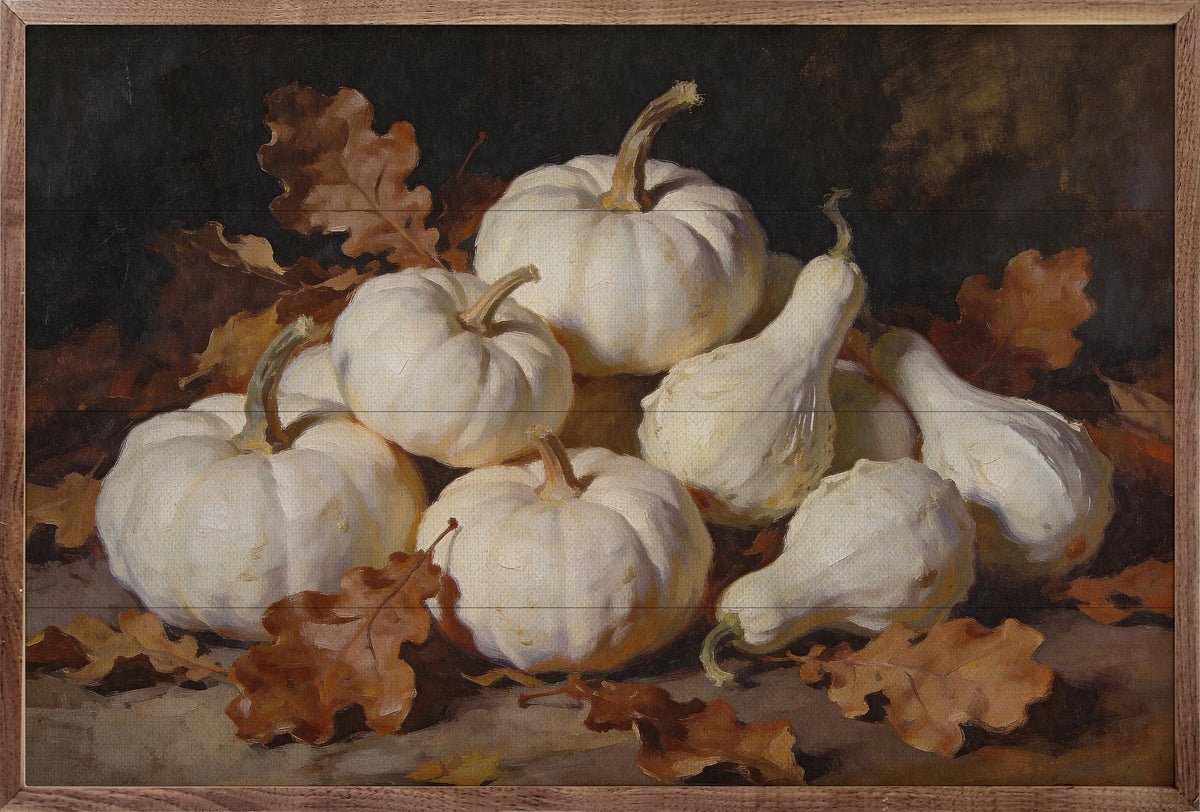 Soft White Gourd And Oak Leaves Gathering Printed and Framed Wall Sign