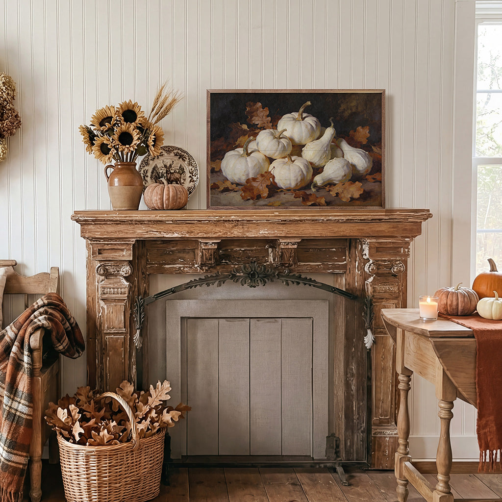 Soft White Gourd And Oak Leaves Gathering Printed and Framed Wall Sign