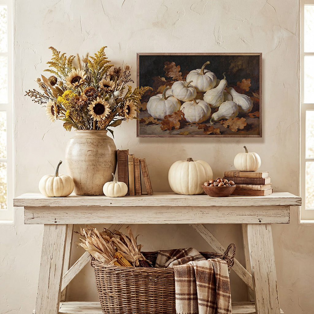 Soft White Gourd And Oak Leaves Gathering Printed and Framed Wall Sign